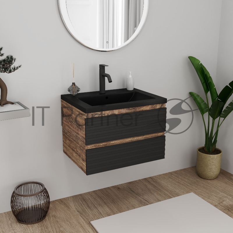Тумба под раковину Bau Stil Loft black brushed, раковина кварцевая BAU Stil 58, черный металлик