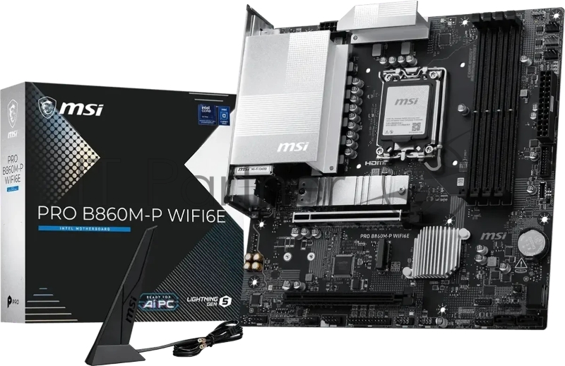Материнская плата MSI PRO B860M-P WIFI6E, LGA 1851, Intel B860, 4xDDR5 (до 256 ГБ), 4xSATA, 2xM.2 (1xPCIe 5.0, 1xPCIe 4.0), 1xPCIe 5.0 x16, 1xPCIe 4.0 x16, 1xVGA, 1xHDMI, 2xDP, 1x2.5Gb LAN, Wi-Fi 6E, Bluetooth 5.3, 3xUSB-A 5Gbps, 2xUSB-A 2.0, 3x3.5 мм, 7.1, чёрный, mATX