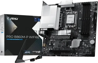 Материнская плата MSI PRO B860M-P WIFI6E, LGA 1851, Intel B860, 4xDDR5 (до 256 ГБ), 4xSATA, 2xM.2 (1xPCIe 5.0, 1xPCIe 4.0), 1xPCIe 5.0 x16, 1xPCIe 4.0 x16, 1xVGA, 1xHDMI, 2xDP, 1x2.5Gb LAN, Wi-Fi 6E, Bluetooth 5.3, 3xUSB-A 5Gbps, 2xUSB-A 2.0, 3x3.5 мм, 7.1, чёрный, mATX