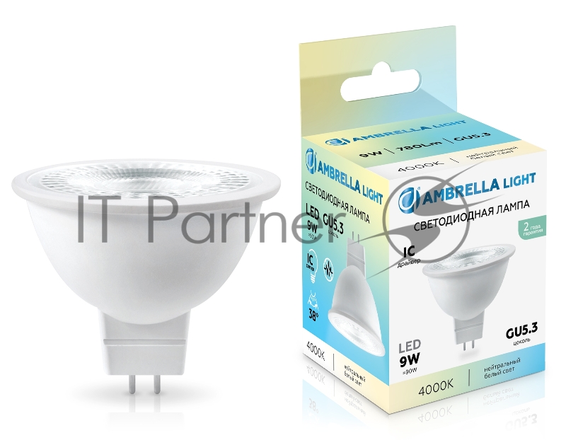 Лампа светодиодная	Ambrella light 170904 LED MR16 9W IC GU5.3 4000K 175-265V 38°