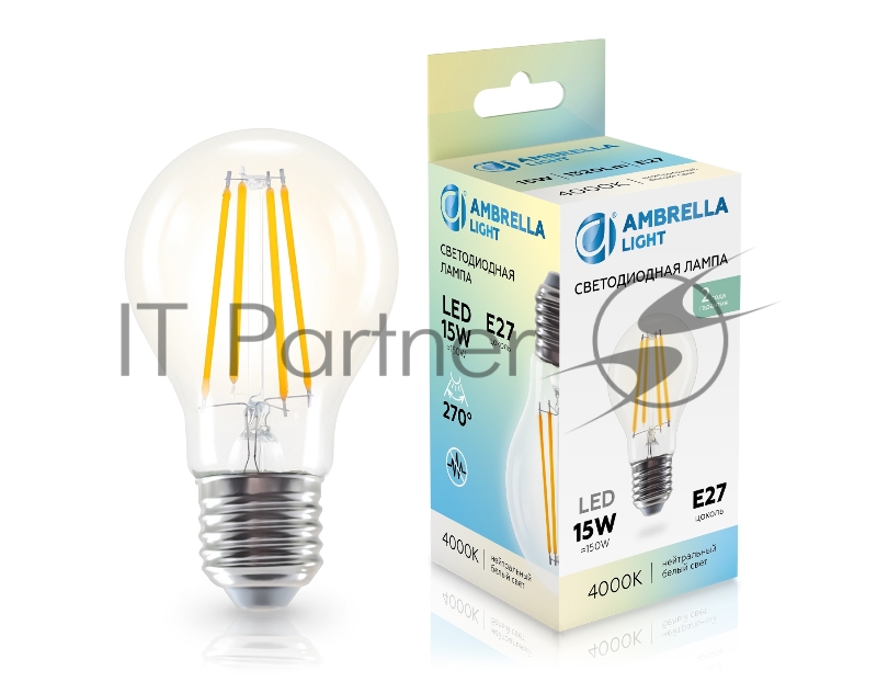Лампа светодиодная 601514 Filament LED A60 15W E27 4000K 220-240V