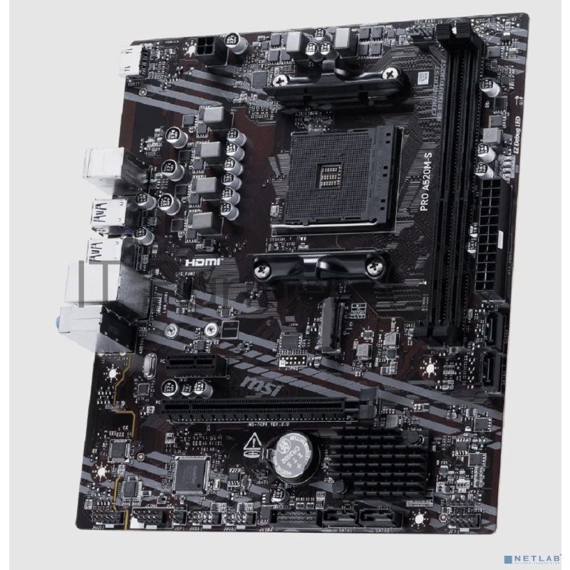 Материнская плата MSI PRO A520M-S, AM4, AMD A520, 2xDDR4, 4xSATA, 1xM.2, 1xPCIe 3.0 x16, HDMI, 1x1Gb LAN, 3x3.5 мм, 7.1, microATX