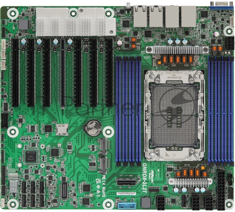 Серверная материнская плата ASRock GNRD8-2L2T, 1xE2 (LGA 4710), Intel Xeon 6700P/6500P/6700E-Series, 8xDDR5 RDIMM (до 6400 МГц), MCIO, 7xPCIe 5.0 x16, 2xM.2 22110 (PCIe), 2x1Gb LAN + 2x10Gb LAN, 2xUSB-A 5Gbps, 1xVGA, 1xRJ-45 для удалённого управления, Narrow ILM, SSI CEB