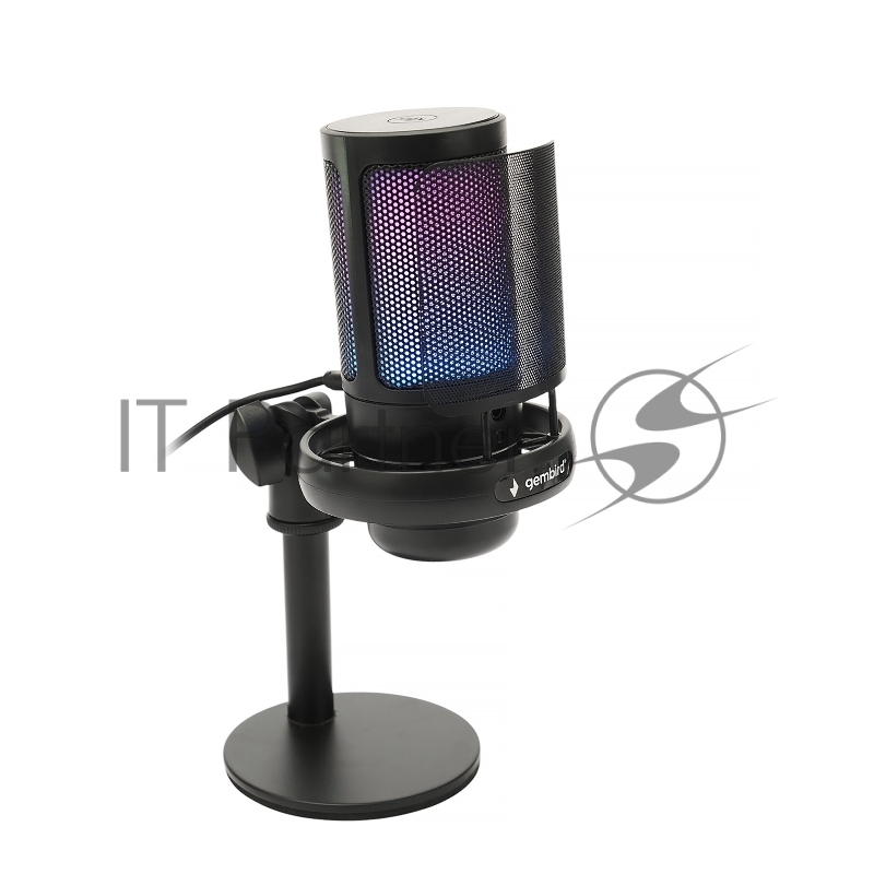 Микрофон конденсаторный Gembird M-01N, подсветка RGB, шумоподавление, настольный держатель, черный