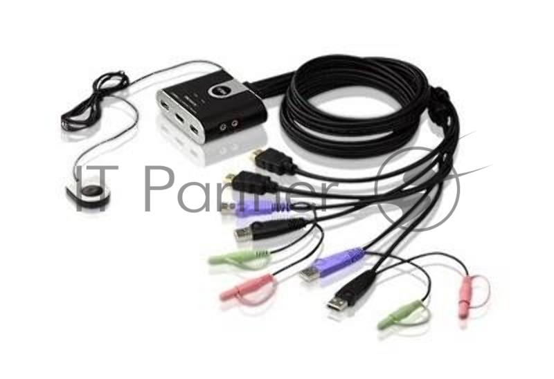 Переключатель KVM ATEN (CS692-AT) KVM+Audio, 1 user USB+HDMI => 2 cpu USB+HDMI, со встр.шнурами USB+Audio 2x1.2м., 1920x1200, настол., исп.стандарт.