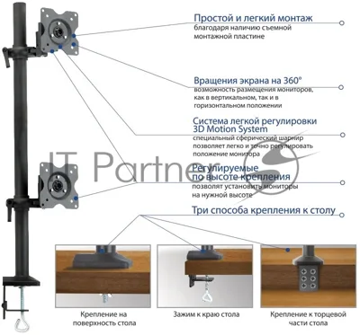 Настольное наклонно-поворотное крепление Kromax OFFICE-5, для 2-х LCD мониторов 13"-32", 5 ст. свободы, 3D вращение, VESA 75/100, max 2х6 кг GREY 