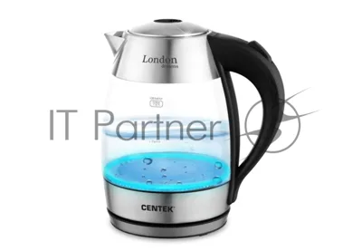 Чайник электрический Centek CT-0059 London, стекло, 1.8л, 2200Вт, LED-подсветка, отделка нерж.