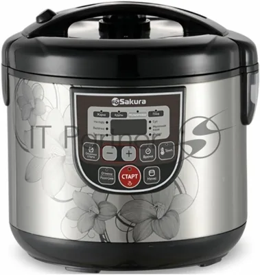 Мультиварка Sakura SA-7753B 5 л, 800 Вт, функция "Мультиповар", 10 автоматических и 27 программ ручной настройки, LED дисплей, отсрочка старта до 24 часов, функция поддержания температуры до 24 часов, в комплекте 4 аксессуара (мерный стакан, черпак, ложка и контейнер для приготовления