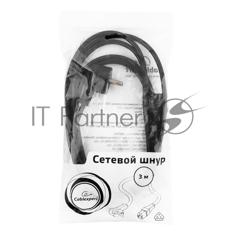Кабель питания Cablexpert PC-186-VDE-3M, 3м, Schuko- C13, VDE, 10А, Сечение провода: 0,75 мм2, черный, с заземлением