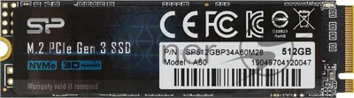 Накопитель SSD Silicon Power P34A60, 512Gb, M.2 2280, PCIe 3.0 x4, NVMe, R/W 2200/1600